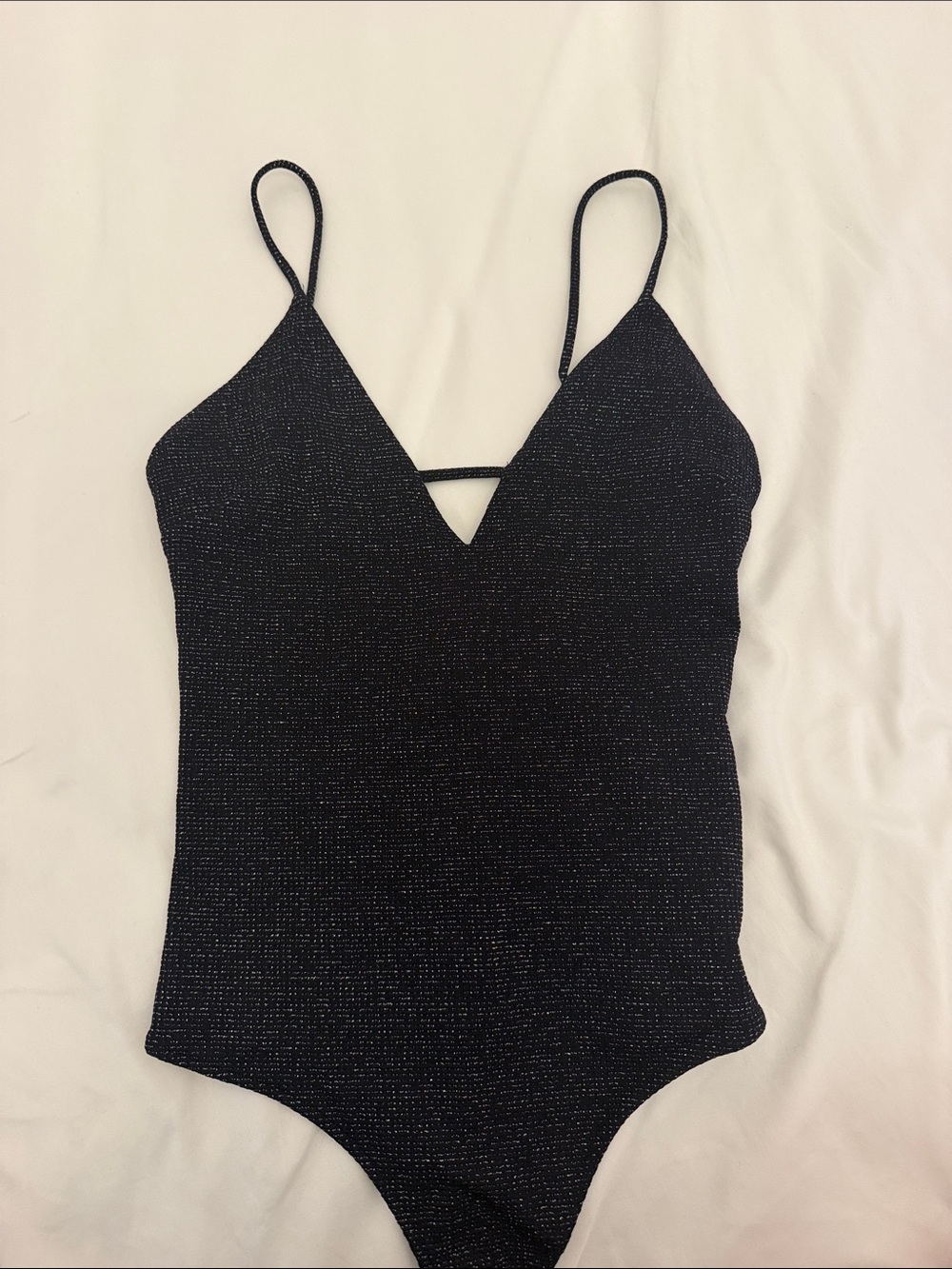 Sparkle Black V-Neck Bodysuit with Thin Straps